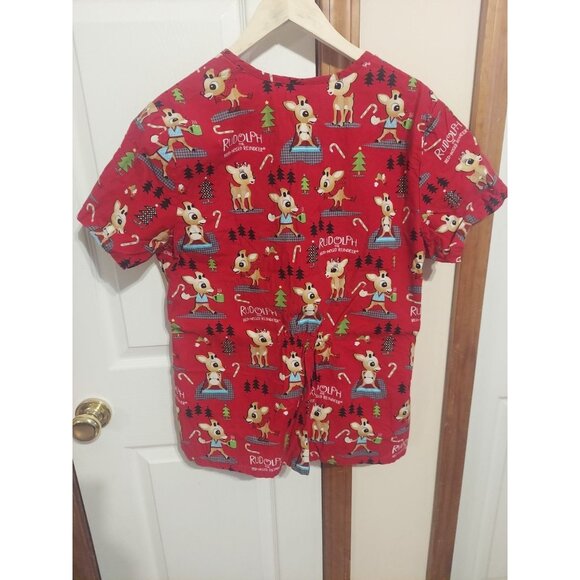 Rudolph the Red Nosed Reindeer Christmas Scrub Shirt Top Peds Dentist Vet Sz L - Picture 7 of 7